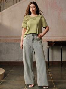 Anewsta Áo thun tay ngắn cổ tròn phối ren thanh lịch cỡ lớn dành cho nữ, thích hợp mặc khi đi làm, mùa hè - màu xanh lá - Xem 4