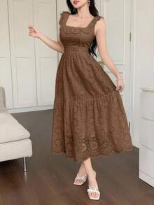 DAZY 法式蕾丝刺绣白色收腰连衣裙，度假仙女风长裙 - 卡其色 - 查看 5