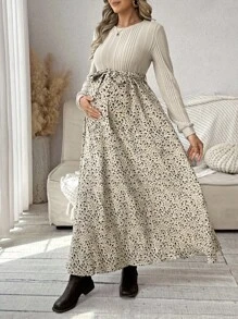 SHEIN Maternity Round Neck Raglan Sleeve Split Ditsy Floral Summer Dress - Multicolor - View 3