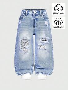 Sparklyn 女童复古时尚休闲百搭牛仔裤，蓝色破洞直筒修身款，适合所有季节，破洞牛仔裤，女童宽松破洞牛仔裤，秋冬季