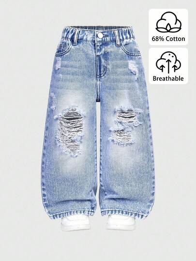 Sparklyn 女童复古时尚休闲百搭牛仔裤，蓝色破洞直筒修身款，适合所有季节，破洞牛仔裤，女童宽松破洞牛仔裤，秋冬季