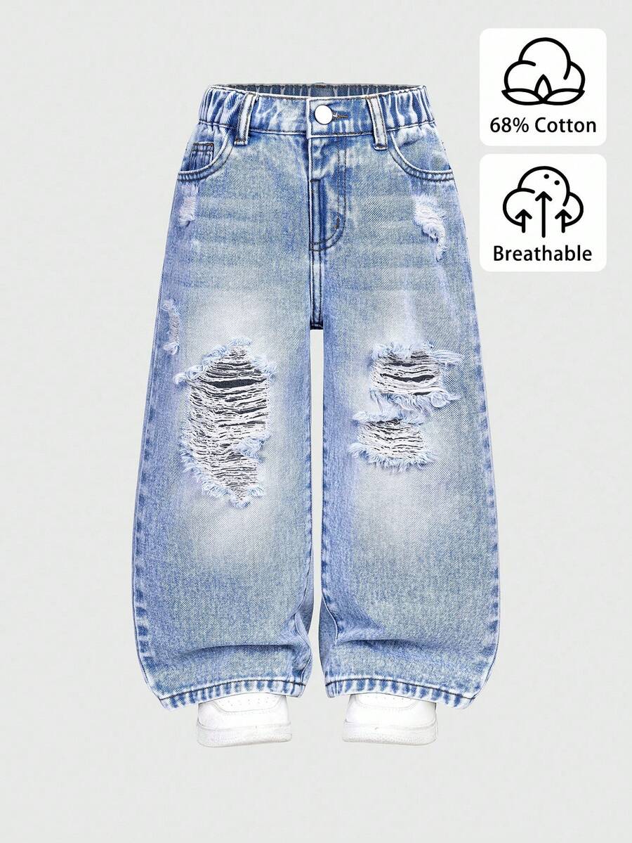 Sparklyn 女童复古时尚休闲百搭牛仔裤，蓝色破洞直筒修身款，适合所有季节，破洞牛仔裤，女童宽松破洞牛仔裤，秋冬季