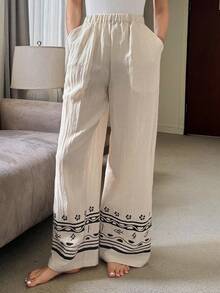 Pantalones de pijama de pierna recta con estampado, ropa de estar en casa, otoño - Blanco - Ver 4