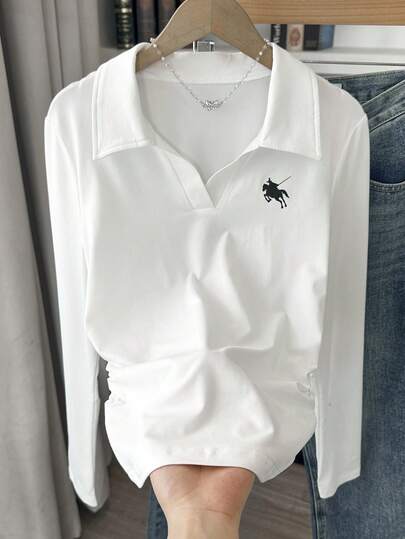 INAWLY Camiseta de manga larga con cuello de polo ajustada y fruncida para mujer de talla grande