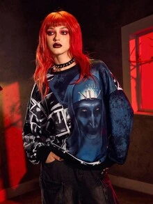 The Nun X SHEIN Figure Graphic Horror Movie Crew Neck Long Sleeve Sweatshirt