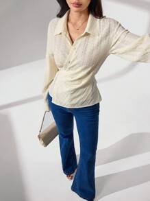 Modelyn Fashionable Knitted Minimalist Apricot Women's Blouse - Beige - View 5