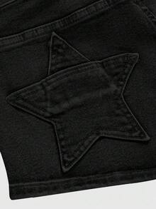 ROMWE Grunge Punk Vintage Y2K Women's Super Low Waist Ultra Short Denim Shorts With Rear Pocket Star Patch - Black - View 3