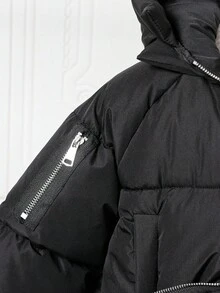 少女纯色连帽保暖拉链棉服外套，冬季 - 黑色 - 查看 9
