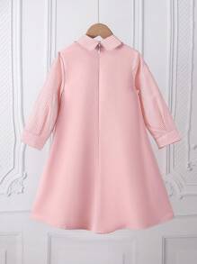 1pc Young Girl's Sweet Pink Plaid Patchwork Long Sleeve Shirt Dress,Hidden Zipper Back,Cute Ruffle Bow Dress For Party,Holiday,Autumn,Back To School - Multicolor - View 2