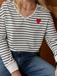 Écloséra French Formal Casual Elegant Fall Winter Clothes Striped Collar And Cuffs Hit White Long Sleeves Red V-Neck Heart Ladies Long Sleeve Fall Outfits Women Going Out T-Shirt Stripe Black White Top