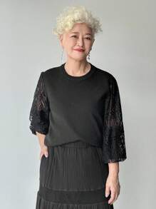 FRIFUL 女式黑色纯色圆领拼接透明蕾丝面料宽松休闲百搭毛衣，秋季 - 黑色 - 查看 6