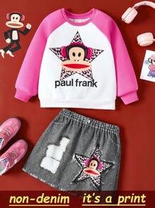 Paul Frank X SHEIN Conjunto de 2 piezas de sudadera con mangas raglán contrastadas con estampado de leopardo, estrella y mono de dibujos animados, forrada térmicamente, y falda de línea A con estampado de mezclilla para niña - Multicolor - Ver 1