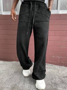 PAVTROS Manfinity Streetrush Men's Suede Fleece Straight-Leg Sweatpants,Glitter Accents Black Baggy Grunge Sweats Streetwear,Winter,Black And White,City Break - Black - View 1
