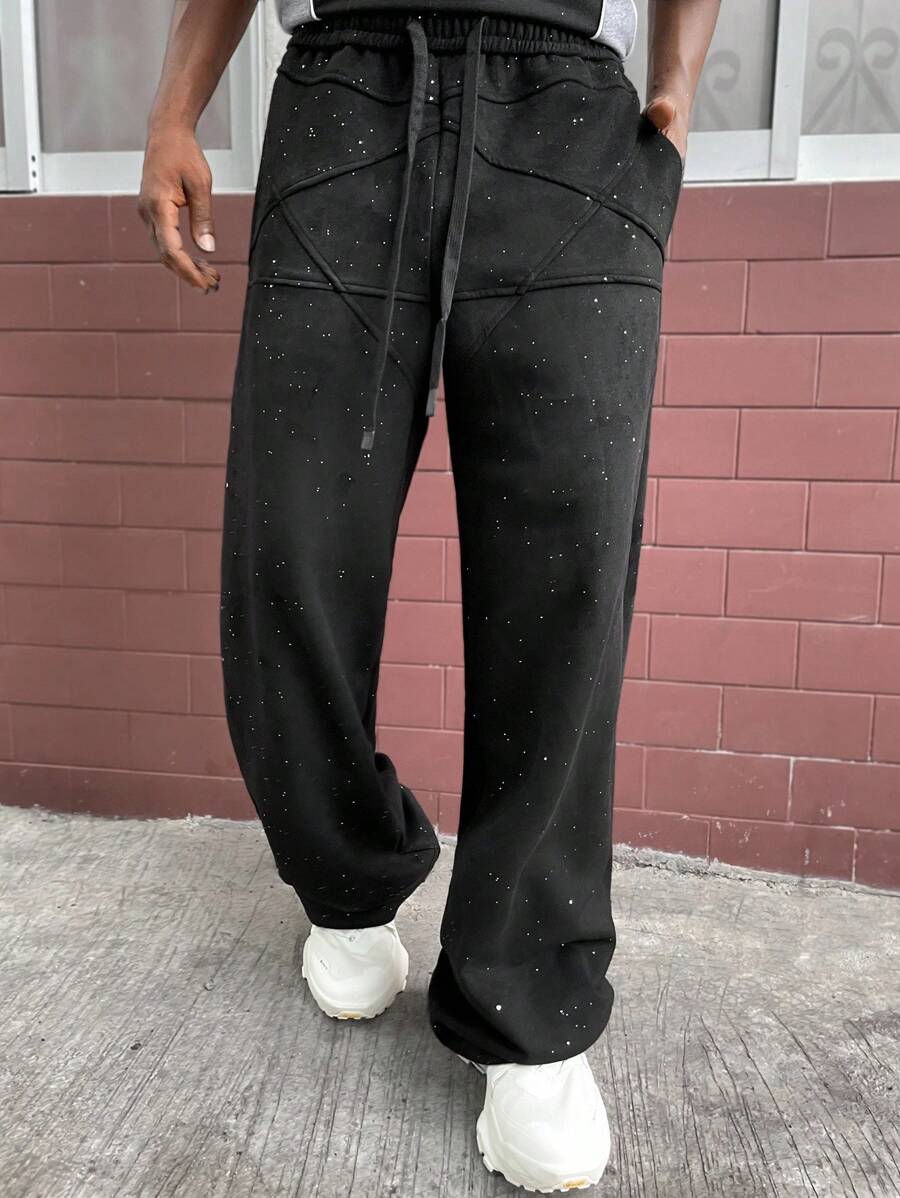 PAVTROS Manfinity Streetrush Men's Suede Fleece Straight-Leg Sweatpants,Glitter Accents Black Baggy Grunge Sweats Streetwear,Winter,Black And White,City Break - Black - View 1