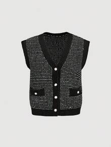 SHEIN Unity Women's Striped V-Neck Single-Breasted Loose Knit Sweater Vest,Black And White,Autumn,Elegant,Office,Back-To-School,Casual Versatile Sleeveless Tops - Black and White - View 2