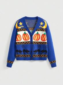ROMWE Fairycore Women's Vintage Halloween Pumpkin, Black Cat, Moon & Star Jacquard V-Neck Cardigan - Navy Blue - View 1