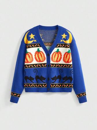 Fairycore Damen Vintage Halloween Kürbis, Schwarze Katze, Mond & Stern Jacquard V-Ausschnitt Strickjacke