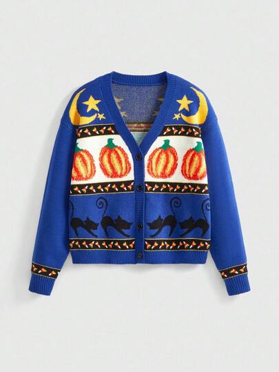 Fairycore Women's Vintage Halloween Pumpkin, Black Cat, Moon & Star Jacquard V-Neck Cardigan