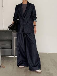 DAZY 女式牛仔外套，有领，直筒裤，休闲牛仔套装 - 深色水洗藍 - 查看 1