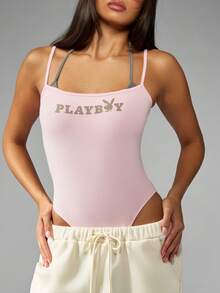 Missguided x Playboy 经典女式紧身衣，露背双肩带设计，正面印有标志，舒适棉混纺，修身优雅街头装，夏季派对夜生活 - 粉色 - 查看 6