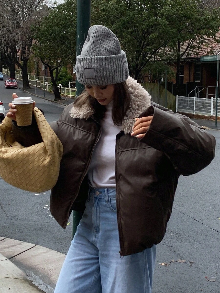 Women's Fur Collar Patchwork Loose Casual Street Style PU Leather Padded Coat Jacket Winter - Coffee Brown - View 1