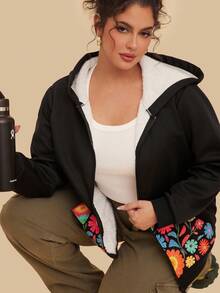 SHEIN VCAY Plus Size Floral Print Zip-Up Hoodie Sweatshirt With Front Pockets, Women Casual Outerwear For Autumn, Thermal Lined/Winter - Black - View 4