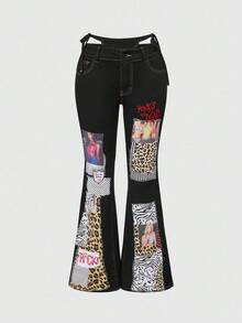 ROMWE J-Fashion Jeans de mezclilla con bordados de estampados de leopardo, cebra, rayas verticales y patchwork, estilo Y2K Baddie - Azul - Ver 1