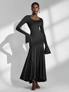 Almamuse Black Elegant Dress, Square Neck Fishtail Hem Design, Fitted Silhouette, Fashionable & Versatile, Women Long Dress, Autumn/Spring - Black - View 7