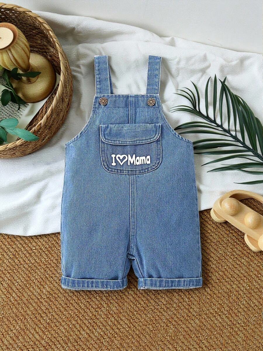 SHEIN Vintaside Kids 寶寶男孩條紋短袖T卹和標語印花翻蓋口袋連身牛仔褲