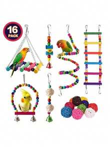16pcs Bird Toys Set With Swing, Climbing Ropes, Spiral Standing Perch, Ladder, Hammock, Parrot Chew Toys - Multicolor - View 5