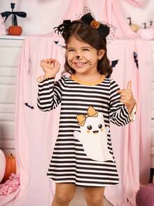 SHEIN Sukienka w paski z długim rękawem dla dziewczynki na Halloween z kreskówkową grafiką - Wielokolorowe - Zobacz 11