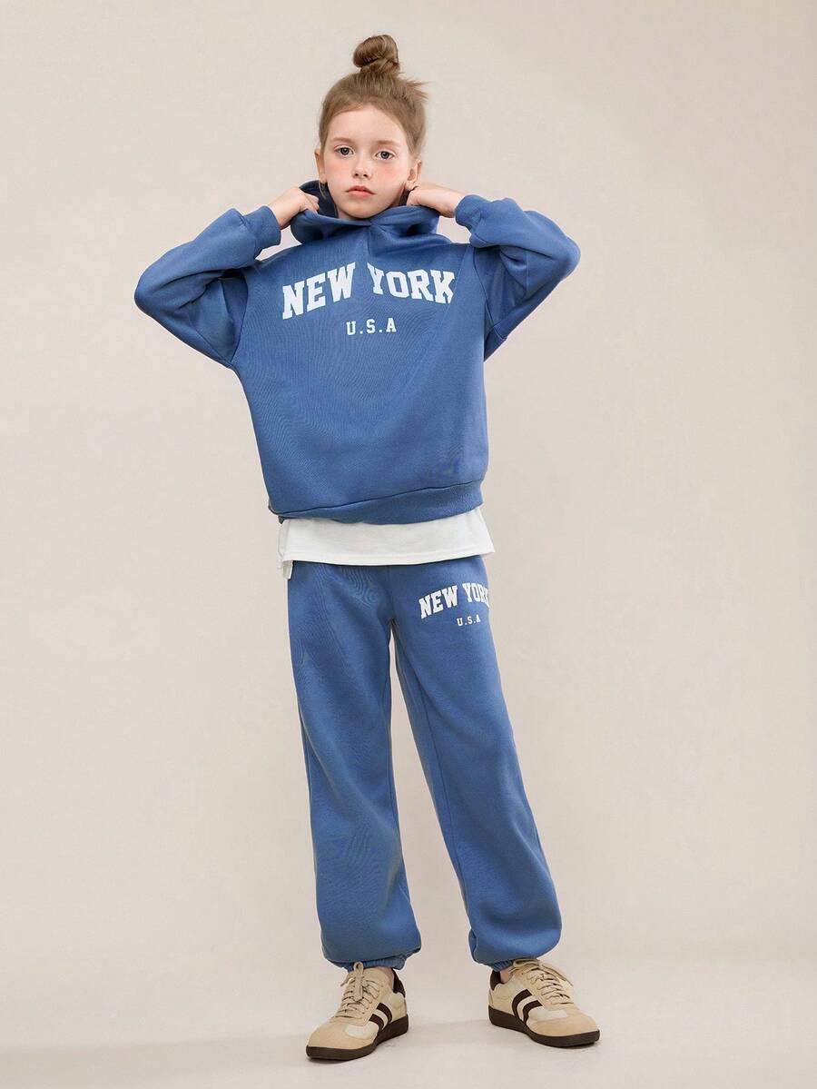 2pcs BASICS Kids Tween Girl Casual Everyday Versatile Comfortable Letter & Graphic Print Hoodie Sweatshirt And Relaxed Fit Jogger Pants Set, Suitable For Commuting, School, Casual, Holiday, Sports, Spring/Summer/Fall/Winter - Blue - View 1