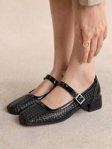 Rosivie 2026 Summer New Retro Square Toe Low Vamp Woven Mesh Low Heel Mary Jane Women Shoes, Fashionable Hollow Strap Breathable Closed Toe Chunky Heel Sandals - Black - View 6