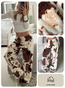 Comfortcana Plus Size Nomadic Brown Cow Print Fleece Pants