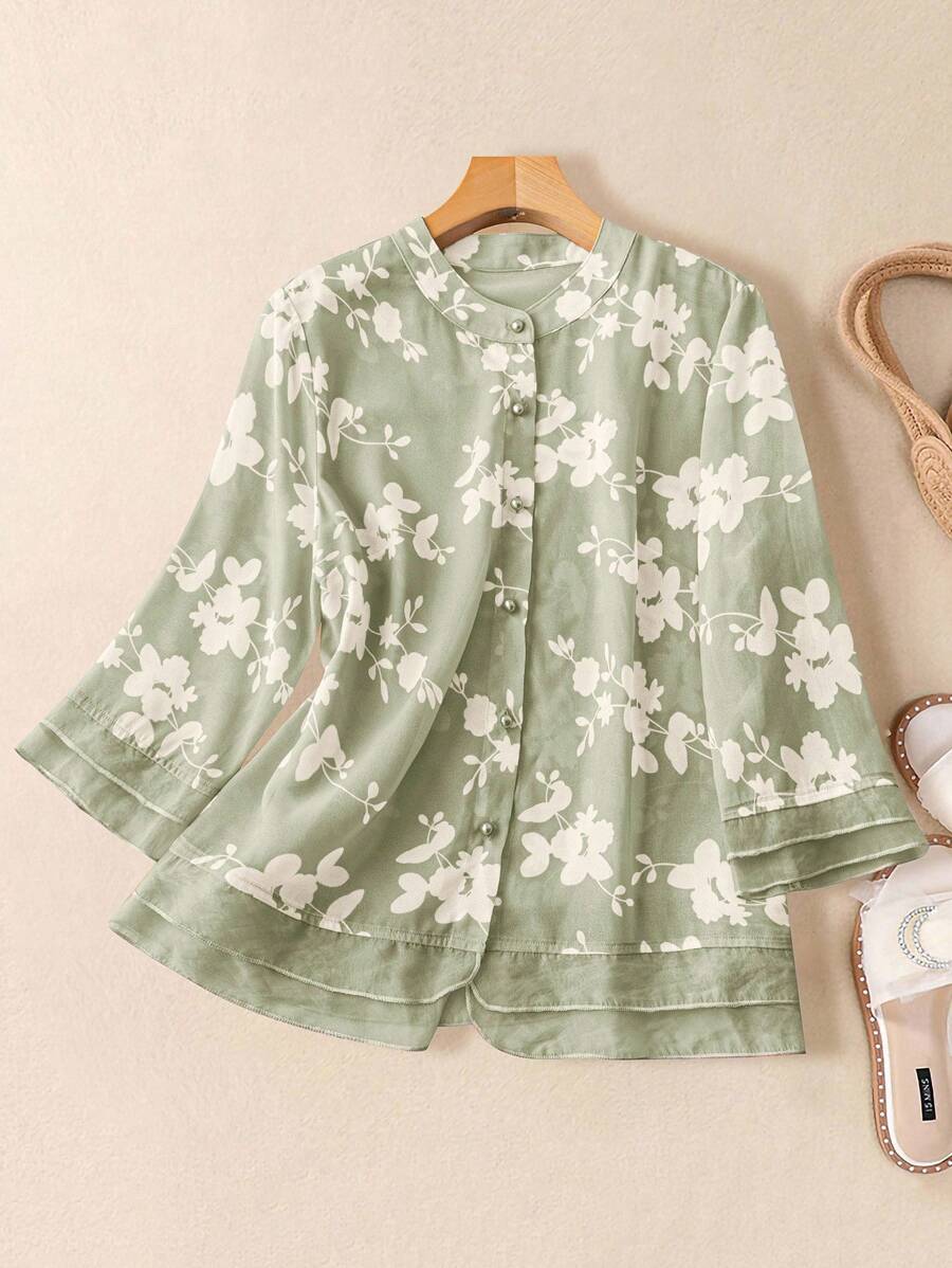 Franclia 女士优雅花卉印花宽松衬衫，适合节日穿着