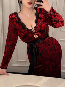 Flirla Elegant Floral Lace V-Neck Plus Size Bodycon Dress Fall Cloth For Women - Multicolor - View 3