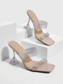 CUCCOO SZL Women's Transparent TPU Rhinestone Strap Sexy Fashion Square Toe Glass Cup Heel Nightclub Elegant High Heel Sandals - Apricot - View 2