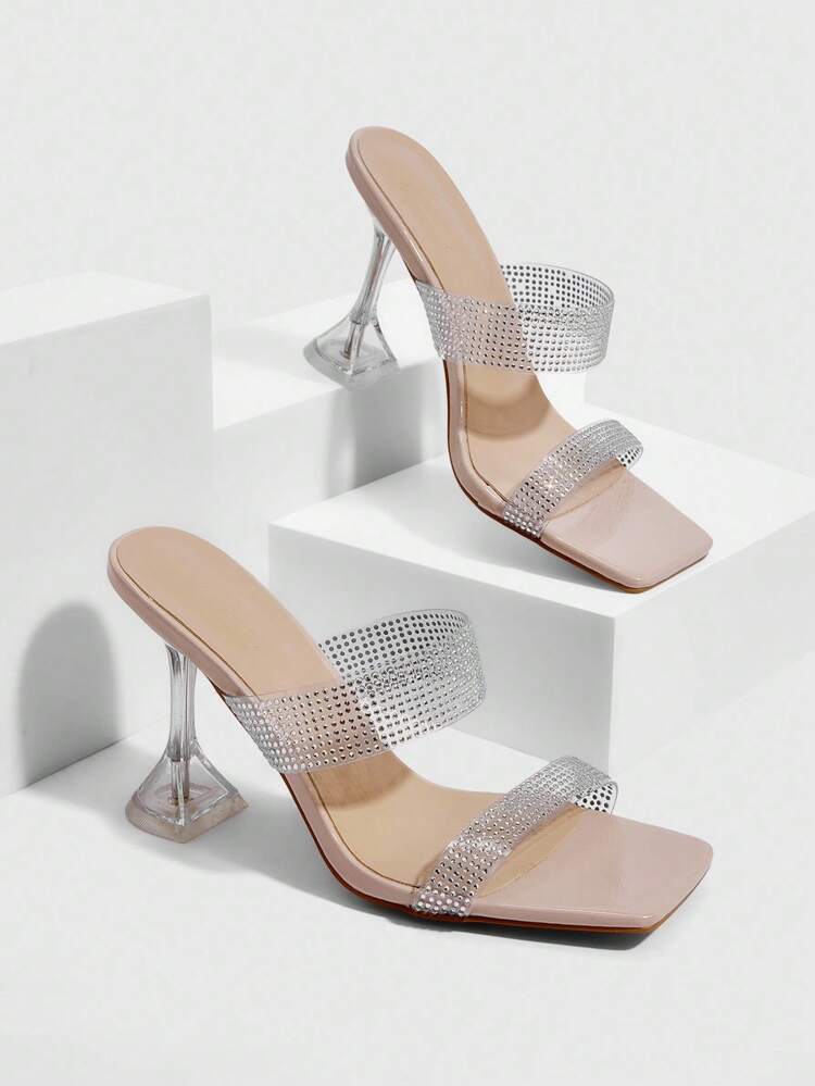 CUCCOO SZL Women's Transparent TPU Rhinestone Strap Sexy Fashion Square Toe Glass Cup Heel Nightclub Elegant High Heel Sandals