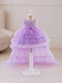 Glamorique Kids 圣诞节/新年派对装女婴亮片拖尾薄纱蛋糕裙、细肩带柔软公主裙 - 紫色 - 查看 1