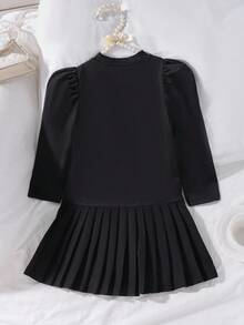 SHEIN Elladie kids 女童时尚白色花朵装饰褶皱下摆黑色圆领长袖连衣裙，舒适时尚，适合秋冬季节穿着。 - 黑色 - 查看 2