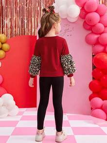 2pcs Girls Leopard Print Heart Valentine's Day Casual Outfit - Red - View 2