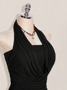 SHEIN ICON 加大码 2 件西方女性外出夏季波西米亚风挂脖棕色露背女式背心和吊带背心 - 黑色 - 查看 5