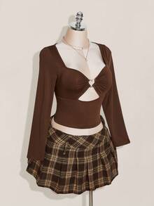 SHEIN ICON 加大码心形钻石装饰透明网眼拼接修身镂空长袖黑色T恤 - 棕色 - 查看 7