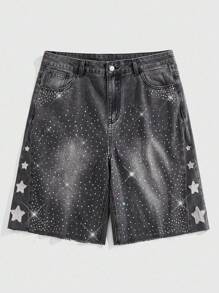 ROMWE MEN Street Life Pantaloni scurți lejeri din denim pentru bărbați, cu etichetă brodată cu stea strălucitoare cu diamante - Gri - Vizualizare 1