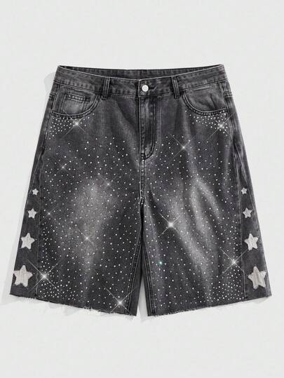 Street Life Men's Loose Denim Shorts With Sparkling Diamond Star Embroidered Patch