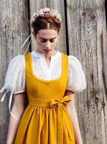 Fairmaia 1 套女式传统德国 Dirndl 连衣裙，配有蕾丝上衣和编织肩带，芥末黄，万圣节 - 黃色 - 查看 4