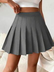 SHEIN PETITE Váy xếp ly/quần short phong cách học sinh Y2K đơn sắc dành cho nữ, mùa xuân/hè - Xám - Xem 3