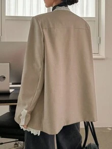 DAZY Women's V-Neck Lace Patchwork Contrast Color Decor Loose Casual Blazer Business Attire