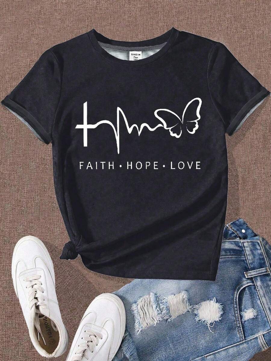 Girls' Butterfly & Letter Print Short Sleeve T-Shirt, Black Fabric With White Text, Comfortable Casual, Suitable For Daily Wear, Sports, Campus, Streetwear