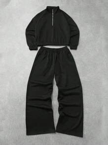 Manfinity EMRG 男士黑色美式休闲套头衫和运动裤套装，适合日常、休闲、通勤、街头服饰黑色两件套男士男士两件套服装男士套装黑色套装男士男士运动服套装，秋季服装 - 黑色 - 查看 3